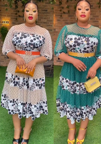 Plus Size African Women Print Round Neck Patchwork Polka Dot Dress