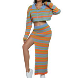 Autumn Women sexy knitting striped contrast top and slit skirt two-piece set