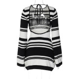 Women Knitting Stripe Bell Bottom Sleeve Tie Backless Sweater Dress