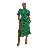 Women printed short sleeve slit Maxi Dress