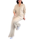 Plus Size Women loose long-sleeved shirt and slit wide-leg pants two-piece set