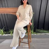 Plus Size Women loose long-sleeved shirt and slit wide-leg pants two-piece set