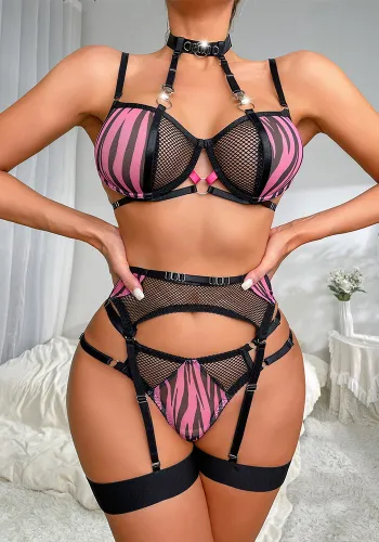 Women Sexy Zebra Print Halter Neck Mesh Patchwork Hollow Backless Sexy Lingerie Set