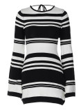 Women Knitting Stripe Bell Bottom Sleeve Tie Backless Sweater Dress