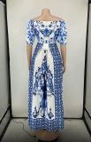 Women Blue and White Porcelain Print Short Sleeve Dress