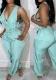 Women Solid V-Neck Pocket Zipper Patchwork Drawstring Jumpsuit