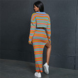 Autumn Women sexy knitting striped contrast top and slit skirt two-piece set