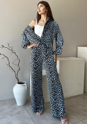 Women autumn leopard print long-sleeved shirt and Pant two-piece set