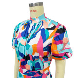 Women printed short sleeve slit Maxi Dress
