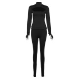 Autumn Women's Sexy Cutout Slim Long Sleeve Top High Waist Tight Fitting Casual Pants Two Piece Set