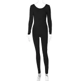 Women's Low Back Solid Color Long Sleeve Jumpsuit Fall Slim Sports Basic Overall Pants
