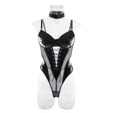Pu Leather Mesh Patchwork Lace-Up Tunic Low Back Sexy Nightclub Bodysuit Female