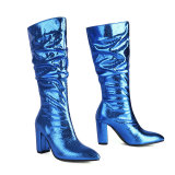 Women's High Boots Shiny Snake Pattern Thick Heel High Heel Knight Boots Waterproof Platform Knee Boots