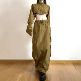 Autumn Women's Clothing Zipper Slim Long Sleeve Crop Jacket Cargo Skirt Two Piece Set