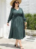Fall Plus Size Dress Women's Printed V Neck Slim Waist Maxi Dress