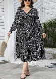 Fall Plus Size Dress Women's Printed V Neck Slim Waist Maxi Dress