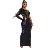 Vestido largo de discoteca sexy hueco de manga larga con un hombro para mujer