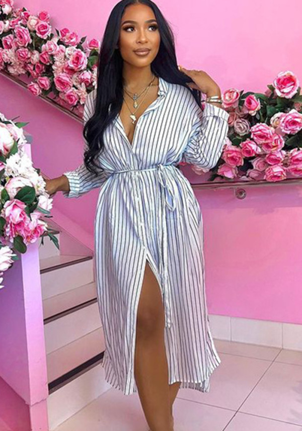 Vestido camisero largo a rayas a la moda para mujer