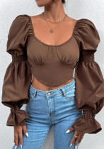 Летняя женская мода с рукавами-фонариками, сексуальная укороченная рубашка с низким вырезом