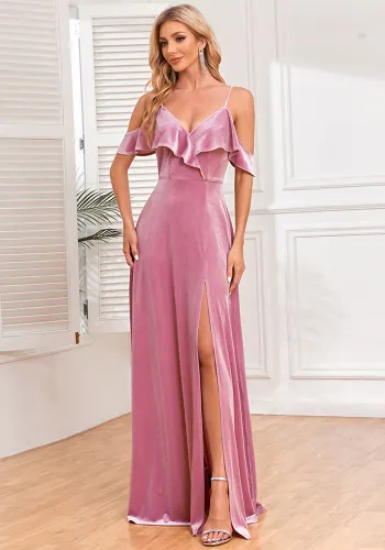 Sexy Straps Ruffled Slit A-Line Long Evening Dress Velvet Bridesmaid Party Dress