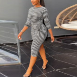 Sexy Printed Black And White Check Tight Fitting Midi Long Sleeve Bodycon Dress