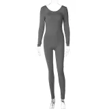 Women's Low Back Solid Color Long Sleeve Jumpsuit Fall Slim Sports Basic Overall Pants