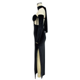 Vestido maxi de noche con guante de una manga de color sólido para mujer a la moda