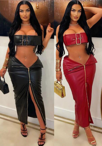 Sexy Leather Metal Buckle Tight Fitting Bodycon Skirt Set