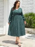 Fall Plus Size Dress Women's Printed V Neck Slim Waist Maxi Dress