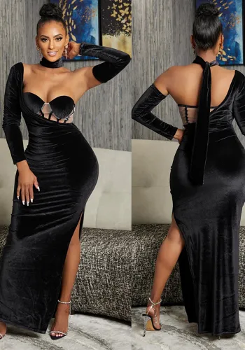 Fashion Ladies Solid Color One Sleeve Glove Evening Gown Maxi Dress