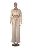 Women Fall Solid Shirt and Wide Pants Casual Two-Piece Set