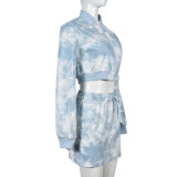Conjunto de dos piezas de minifalda y top con cremallera de manga larga teñido anudado para mujer