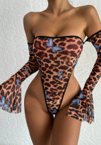 Lencería sexy de una pieza con estampado de malla de leopardo de manga larga para mujer