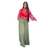Women Autumn Printed Balloon Sleeve Shirt and Wide-leg Pants Casual Two-piece Set
