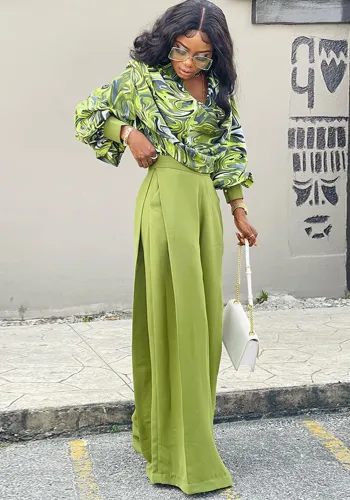 Women Autumn Printed Balloon Sleeve Shirt and Wide-leg Pants Casual Two-piece Set