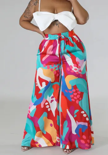Plus Size Women Casual Tie Print Pocket Wide Leg Pants