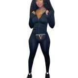 Women Casual Solid Long Sleeve Zip Top and Pant Two-Piece Set