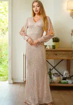 Women Sequin Cut Out Long Sleeve Maxi Evening Dress