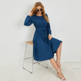Women Solid Round Neck Long Sleeve Pleated Casual Strappy Dress