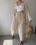 Women Autumn Turndown Collar long-sleeved shirt and high-waisted trousers Casual two-piece set