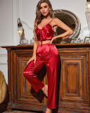 Women V-neck Cropped Top and Pant Loungewear Two-piece Silk Set