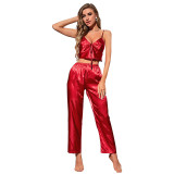 Women V-neck Cropped Top and Pant Loungewear Two-piece Silk Set