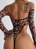 Women Long Sleeve Leopard Mesh Printed One-Piece Sexy Lingerie