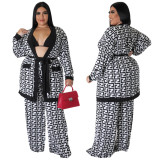 Plus Size Women Casual Print Tie Top and Pant Two-Piece Set