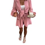 Women Casual Fall Solid Puff Sleeve Shirt and Wide-Leg Shorts Two-Piece Set