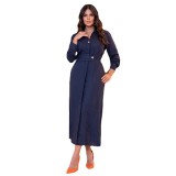 Women Fall Turndown Collar Long Sleeve Slit Maxi Dress