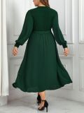 Plus size Women V-neck green Lace Up long-sleeved dress