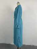 Women Fall Turndown Collar Long Sleeve Slit Maxi Dress