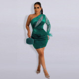 womens sexy mesh velvet Slash Shoulder long sleeve plume Bodycon dress