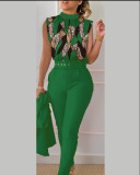 Trendy Spring Print Sleeveless Print Top Solid Pants Fashion Casual Suit (Without Coat)